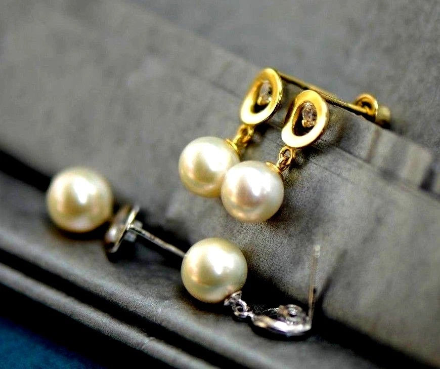 14K Yellow and White Gold Genuine Pearl CZ Stud Earring