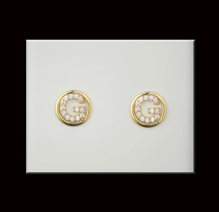 14k Yellow or White Gold Round Initial Letters CZ Stud Earrings