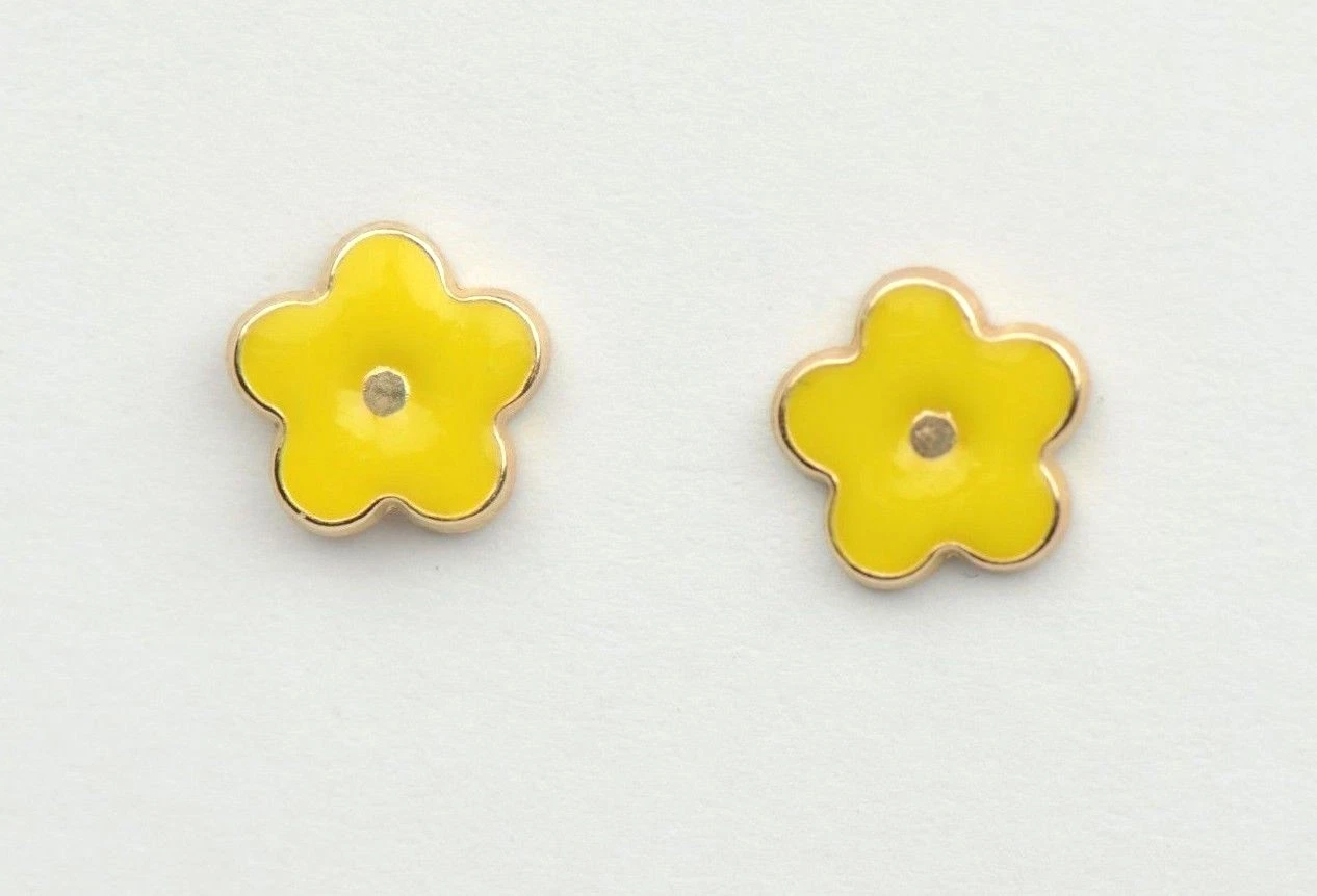 14k Yellow Gold Enamel Flower Baby earrings with Screw Back