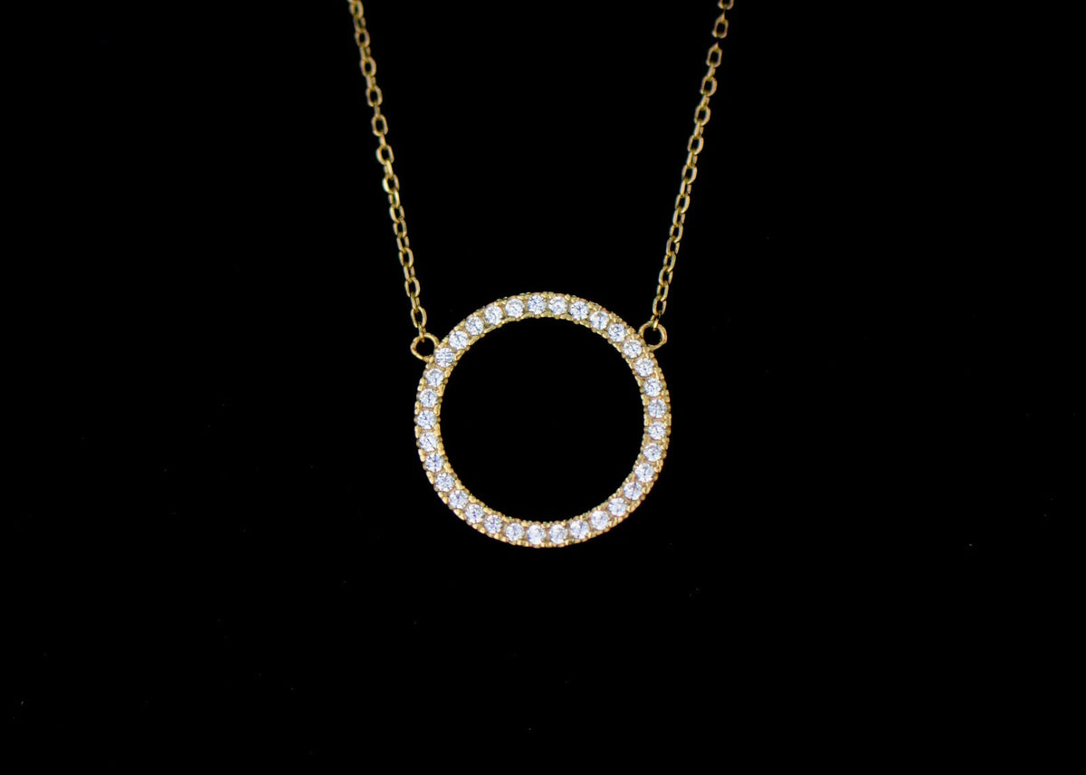 14K Yellow Gold CZ Circle Necklace Cable Chain