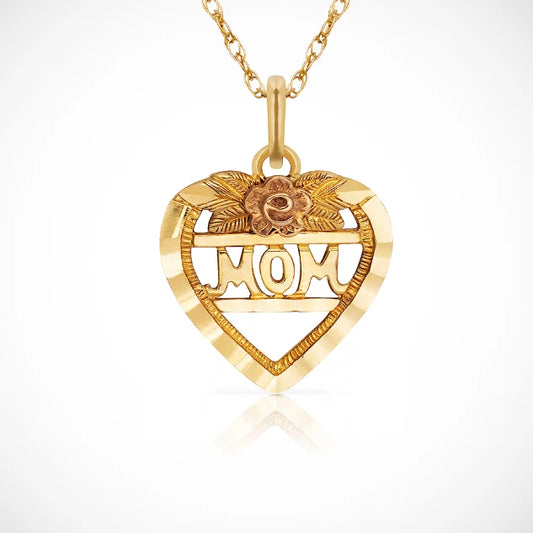 14K Yellow & White Gold Fancy Mothers Day Heart Pendant For Women