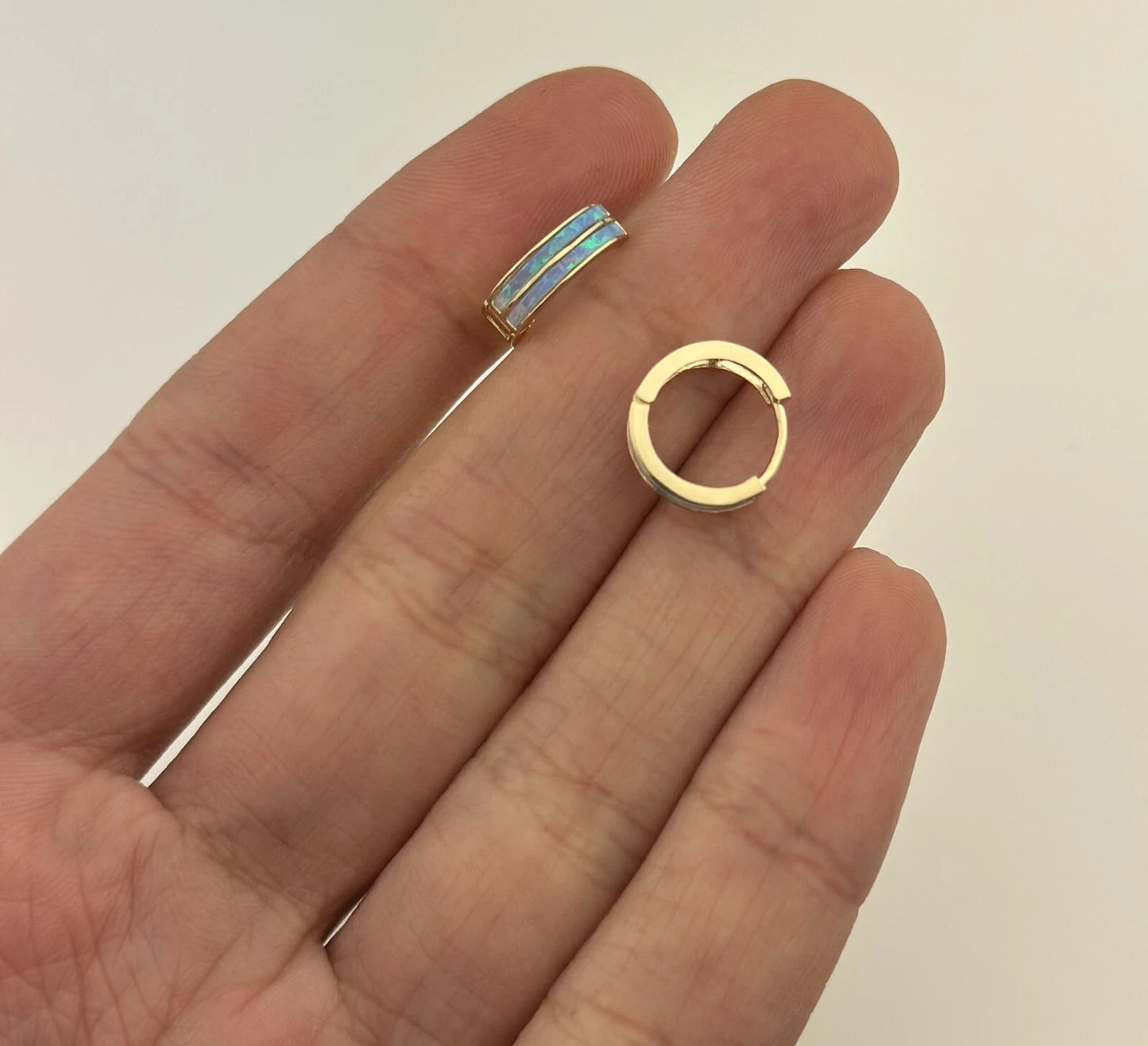 14k Yellow/White Gold Double Row Light Blue Opal Huggie Hoop Earrings
