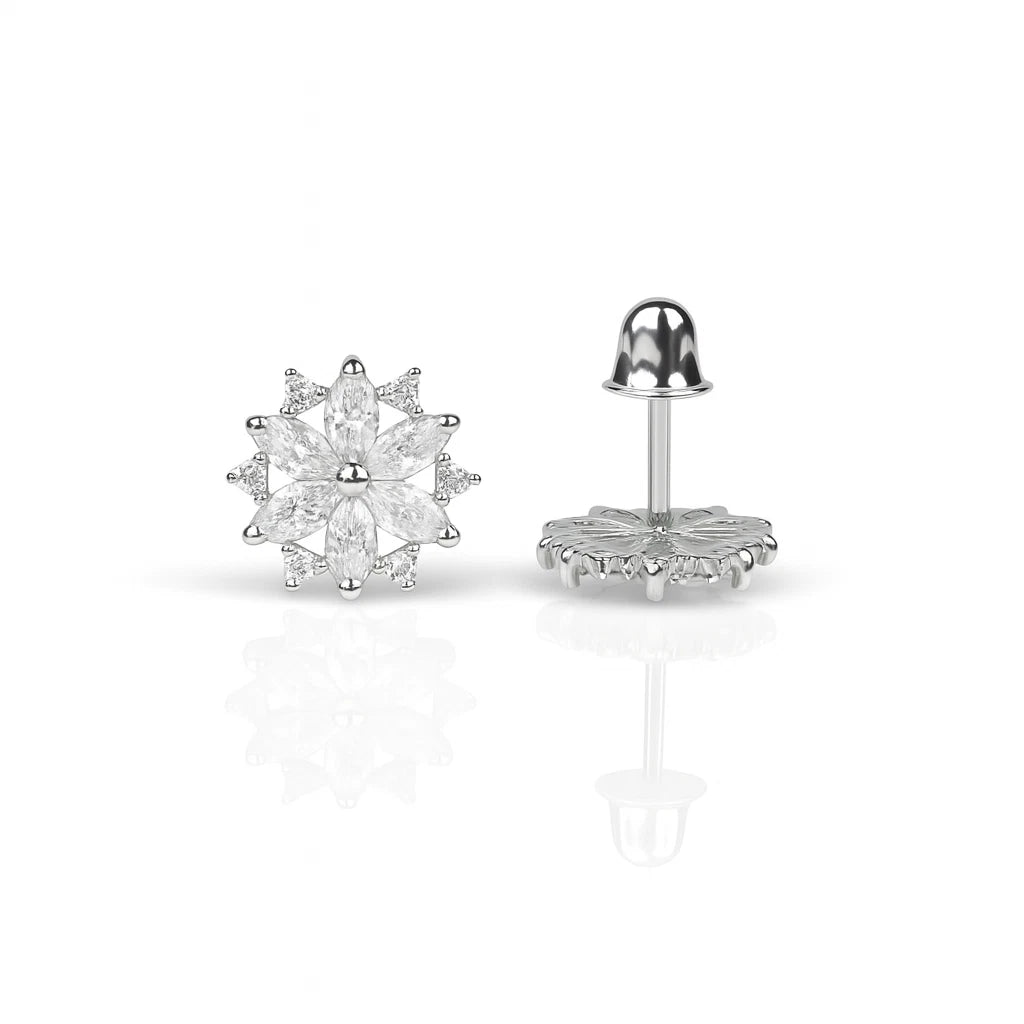 14K White Gold Beautiful CZ Flower Stud Earrings for Women