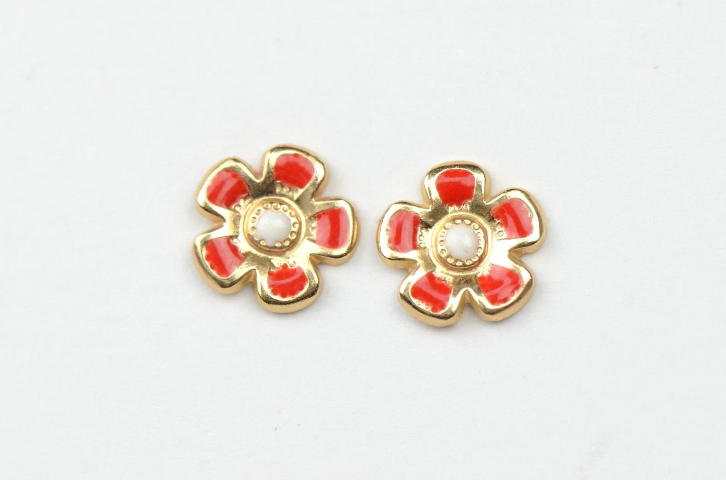 14k Yellow Gold Baby Enamel Flower Earrings, Screw Back