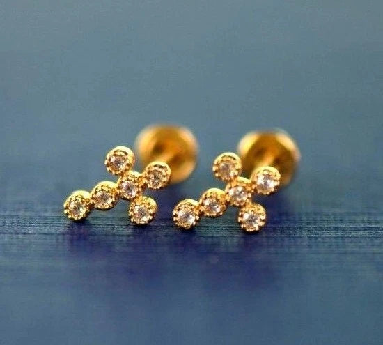 Gold Cross 14k Earrings Yellow or White Cz Stud White Cubic Zirconia Solid