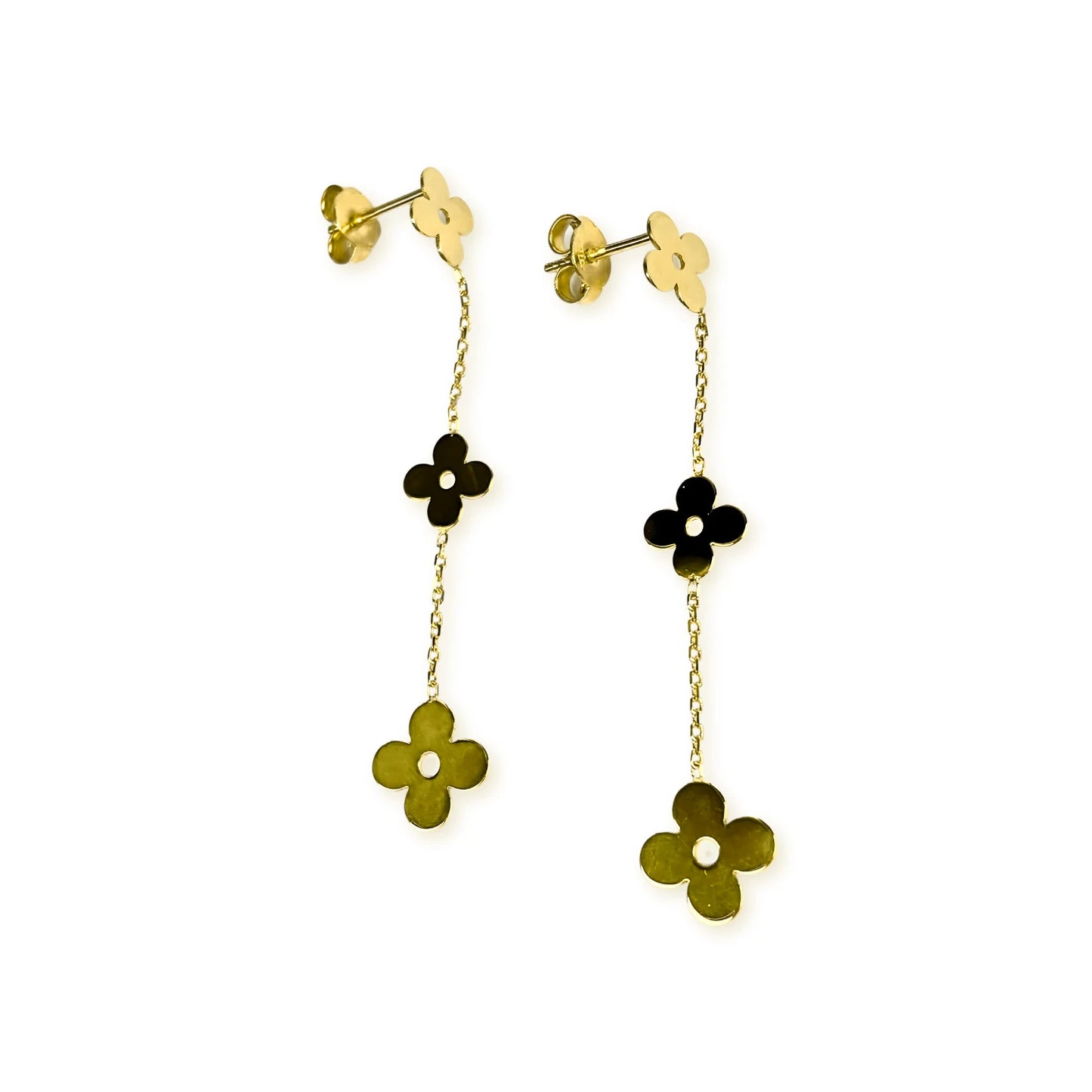 14k Yellow Gold Dangle/Drop Clover Push Back Earrings for Women
