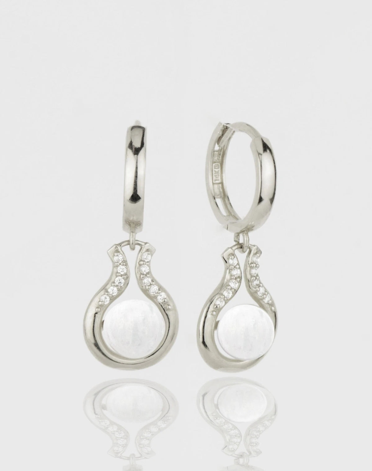 14K Yellow / White Gold Opal Huggie Hoop Dangle Earrings