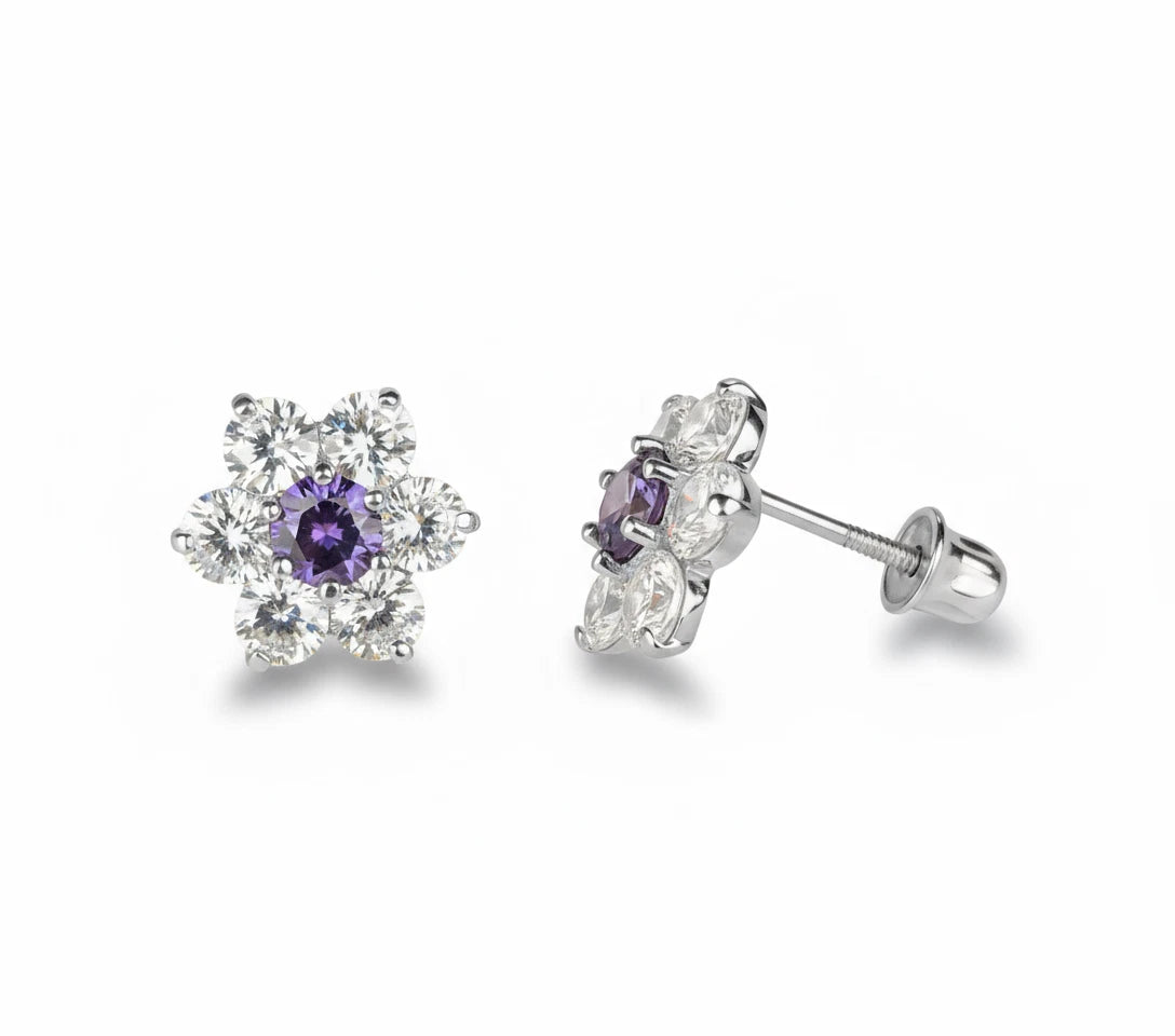 14k White Gold Beautiful Flower Shaped Stud Screw Back Earrings for Women
