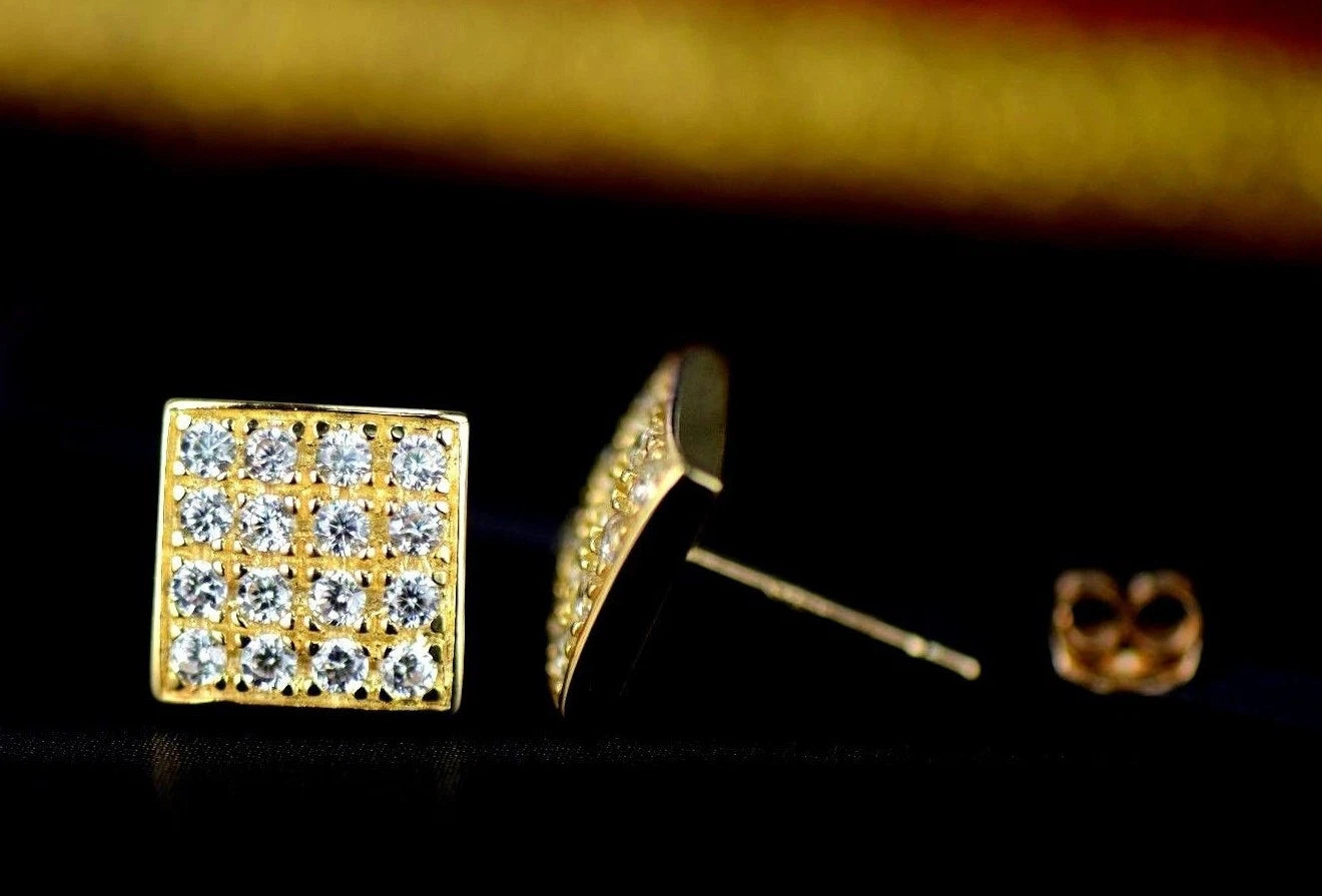 14K Yellow or White Gold Fancy Square CZ Stud Earrings