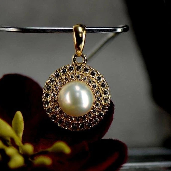 14K Yellow or White Gold Round Genuine Pearl CZ Pendant