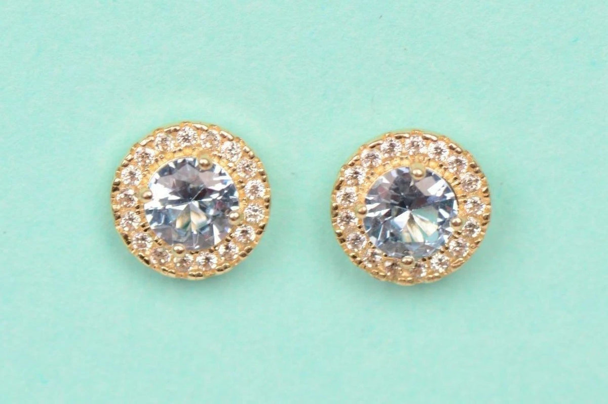 14K Yellow Gold Halo Stud Screw Back Earrings
