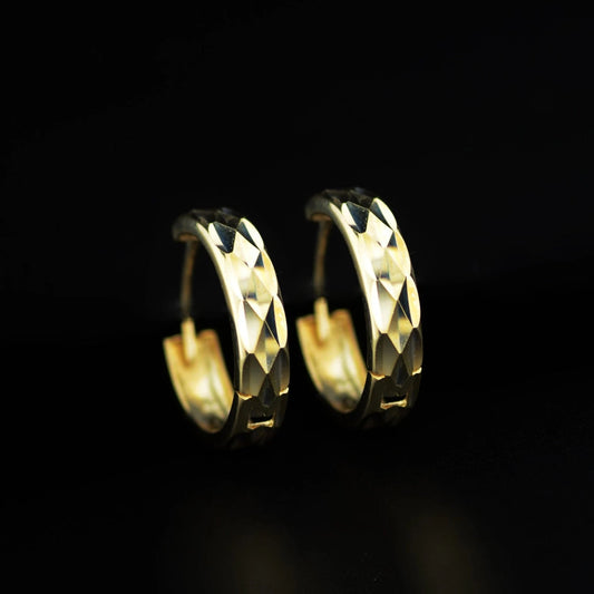 14k Yellow and White Gold Diamond Cut Huggie Hoop Earrings
