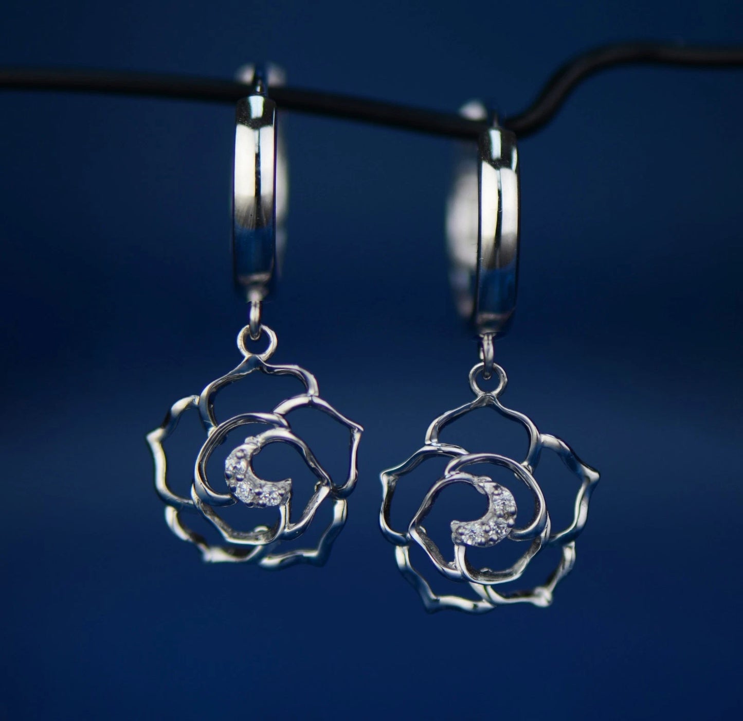 14k Yellow / White Gold Dangle CZ Flower Huggie 3 Stones Earrings