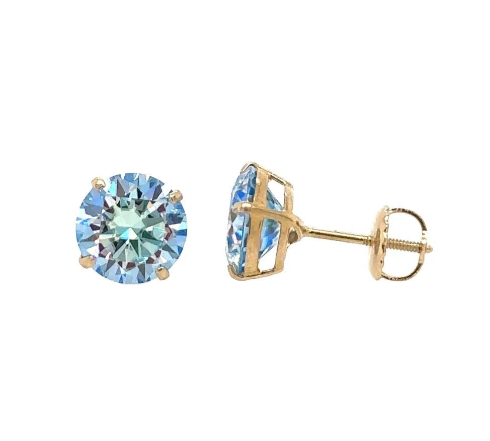 Gold 14K GRA Certified D-VVS1 Ocean Blue Moissanite Screw Back Studs Earrings
