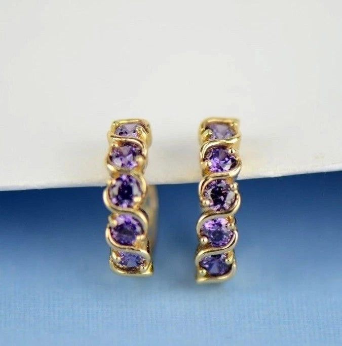 14k Yellow Gold Fancy Huggie Hoop CZ Earrings