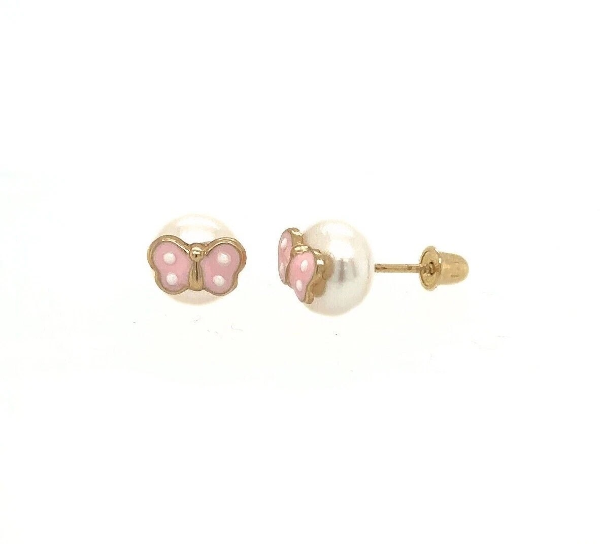 14k Yellow Gold Enamel Butterfly With Genuine Pearl Screw Back Stud Earrings