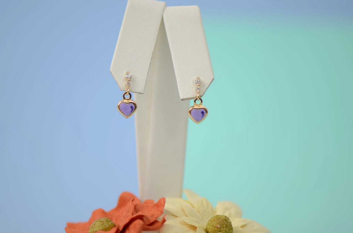Solid 14K Yellow Gold Heart Shape Enamel Dangle Screw Back Baby Earrings