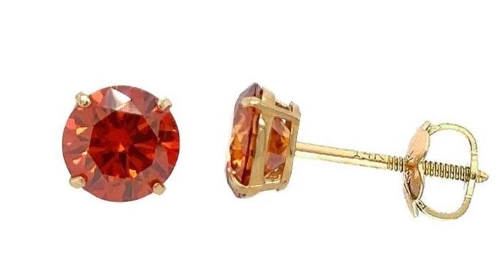 14K Gold GRA Certified D-VVS1 Round Moissanite Orange Screw Back Studs Earrings