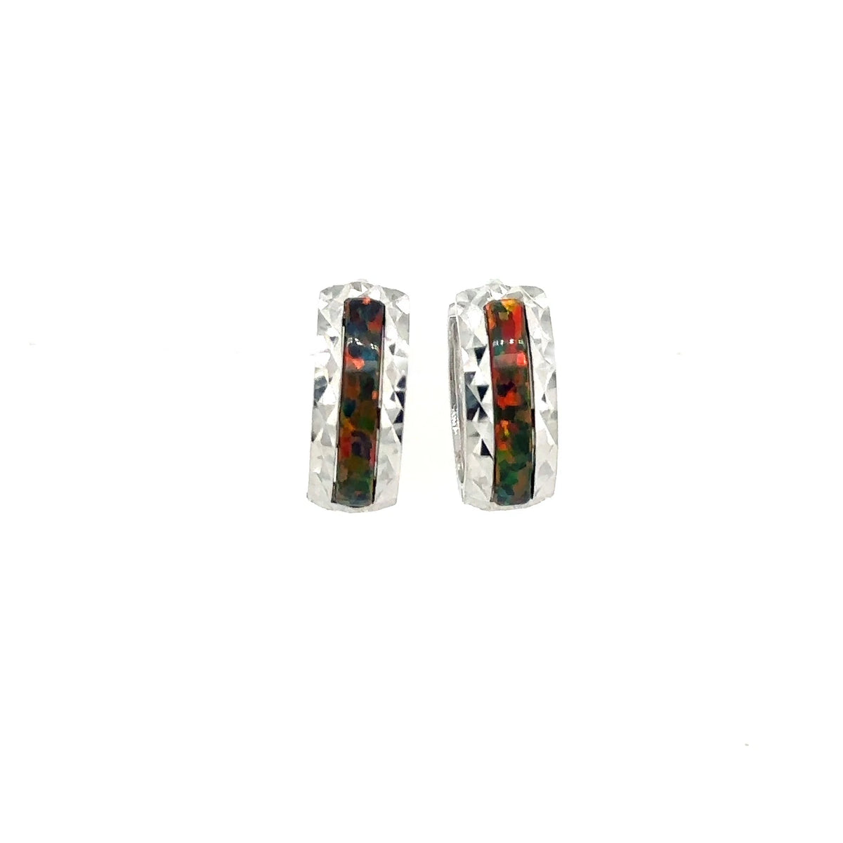 14k White Gold Black Opal Huggie Hoop Earrings