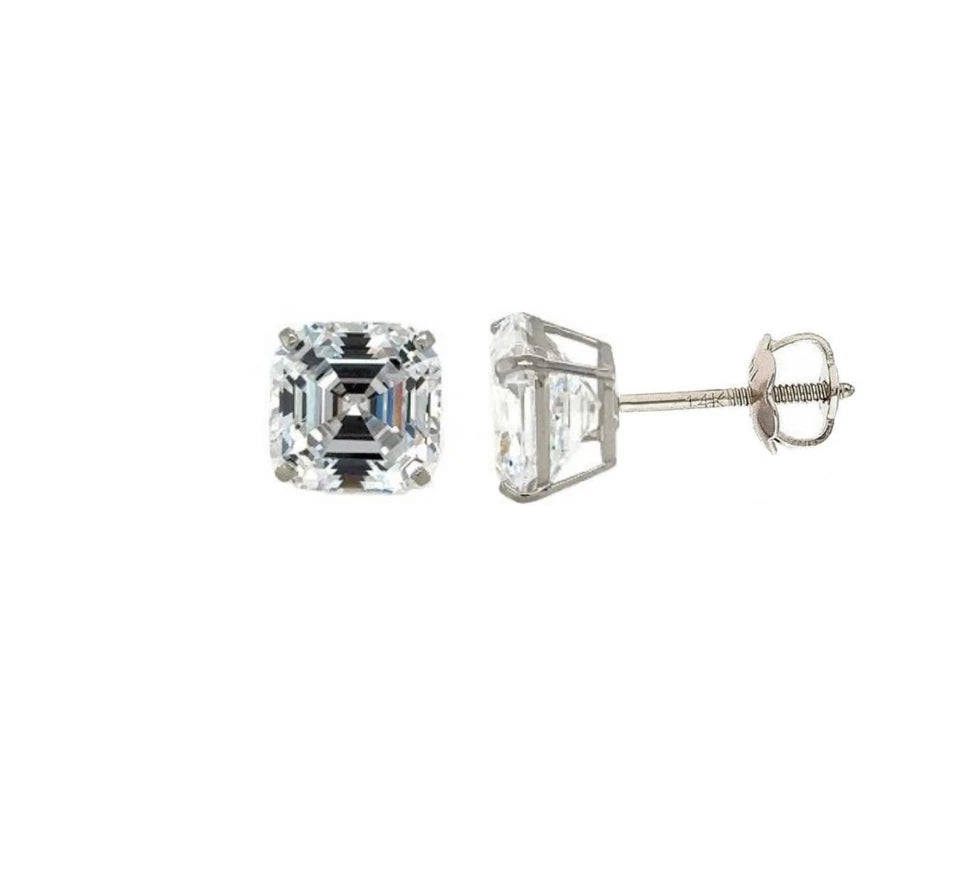14K White Gold Asscher Cut Stud Earrings Screw Back