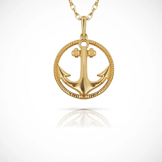 14K Yellow & White Gold Round Anchor Pendant For Women