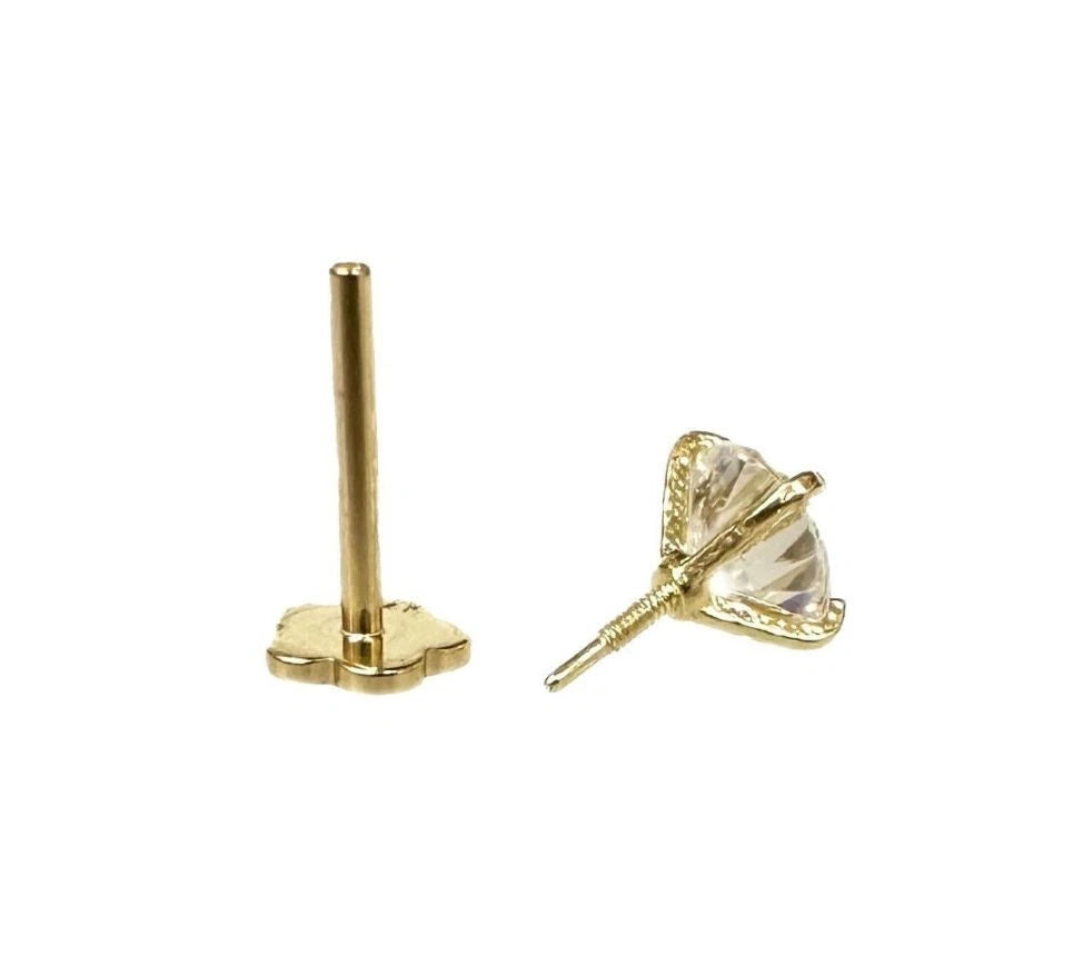 14K Yellow Gold Round Moissanite Barbell Earring With Screw Back