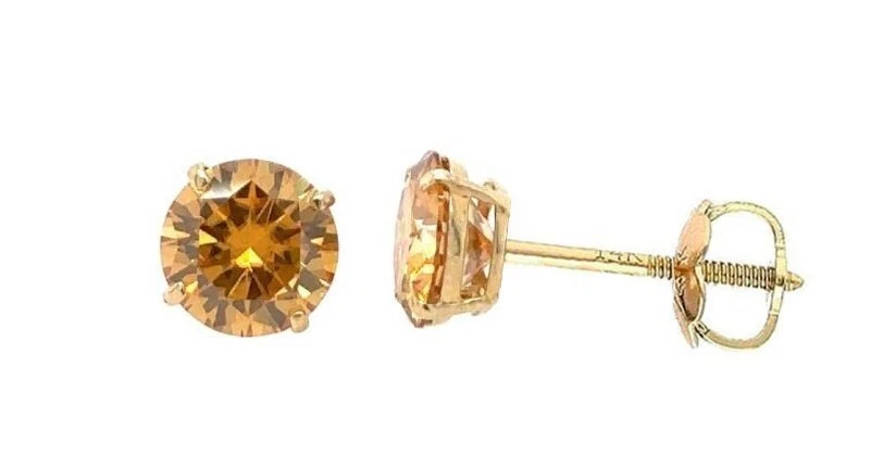 14K Gold GRA Certified D-VVS1 Round Champagne Moissanite Screw Back Studs Earrings