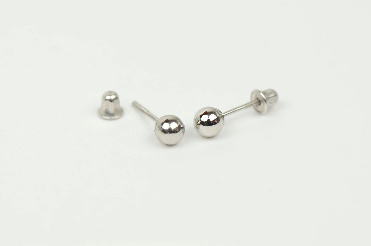 14k White Gold Ball stud earrings with screw back round High Polish