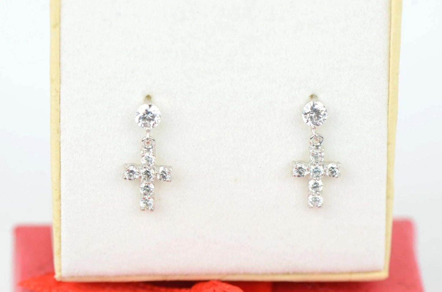 14K Cubic Zirconia CZ Cross Dangle Earrings