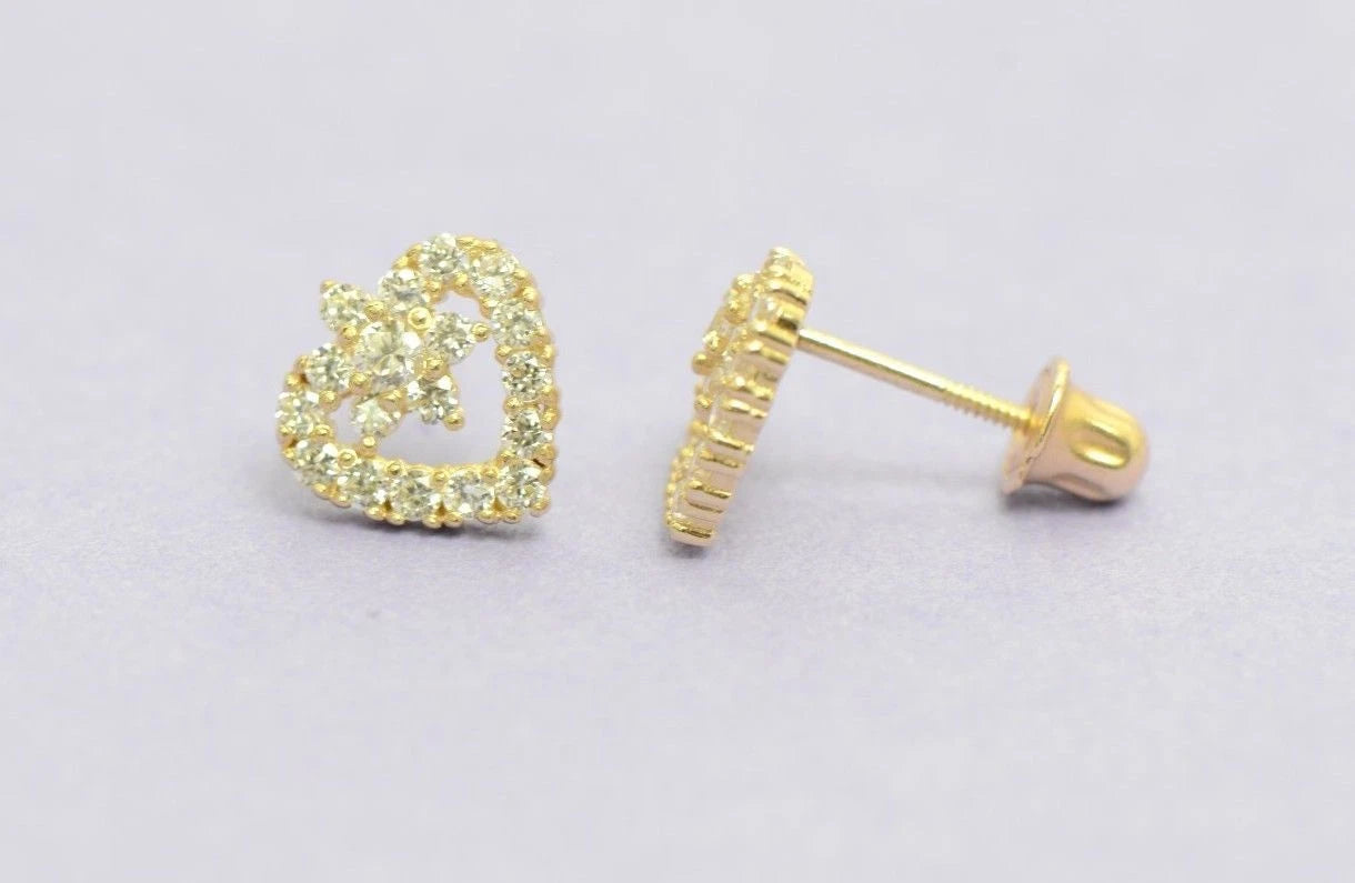 14K Yellow Gold Stud Heart Shape CZ Stud Earrings
