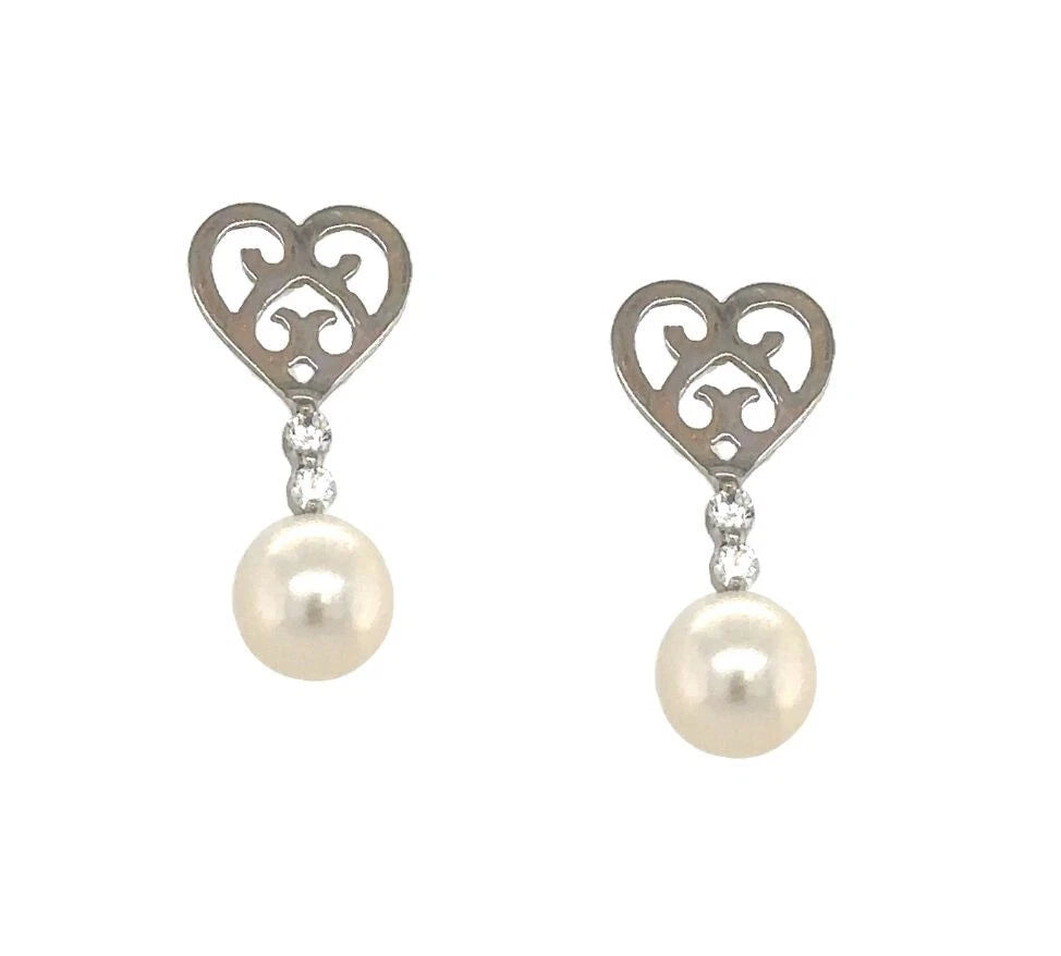 14K White Gold Dangle Earrings With Genuine Freshwater Cultured Pearl ScrewBack