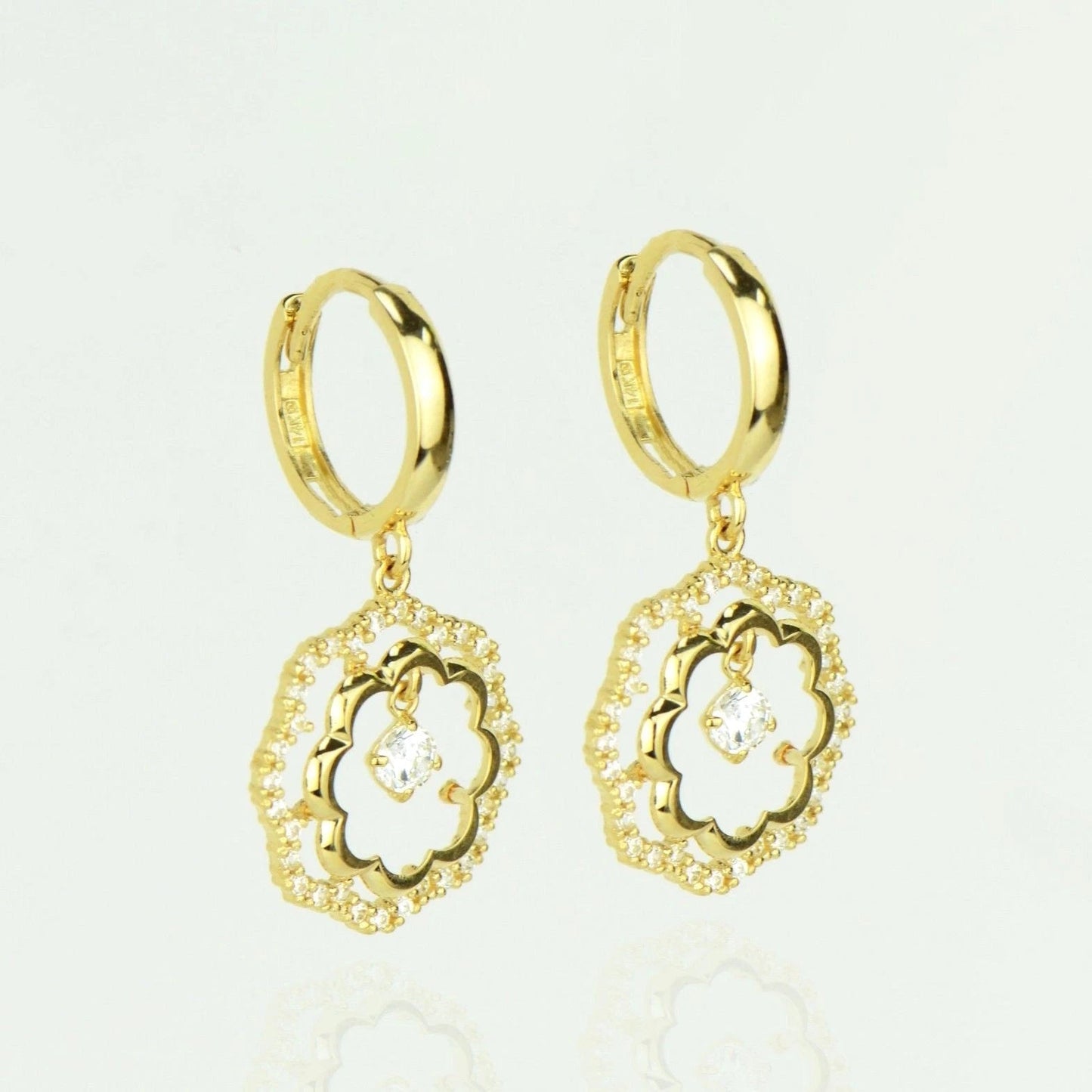 14k Yellow / White Gold Dangle CZ Flower Huggie Earrings