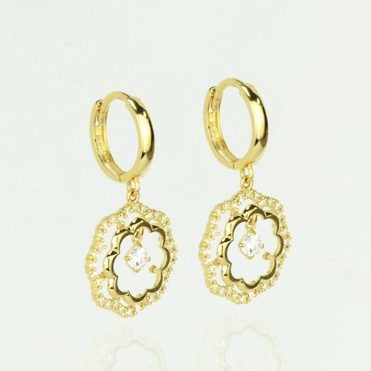 14k Yellow / White Gold Dangle CZ Flower Huggie Earrings