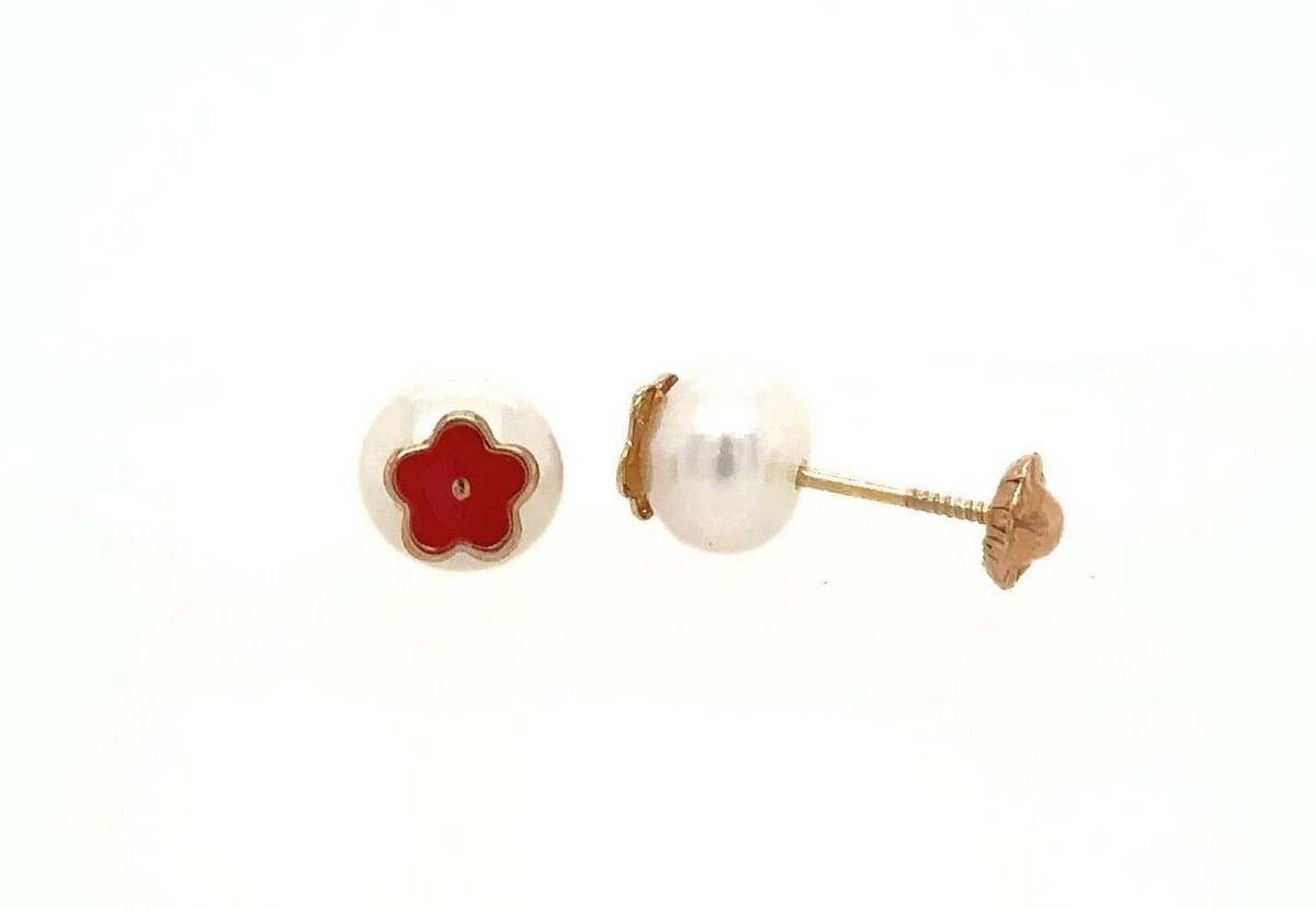 14k Yellow Gold Enamel Flower With Genuine Pearl Screw Back Stud Earrings