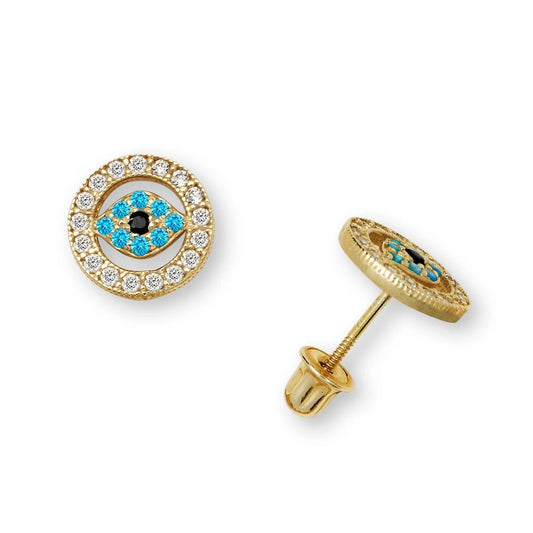 14K Yellow & White Gold Evil Eye CZ Stud Earring for Women