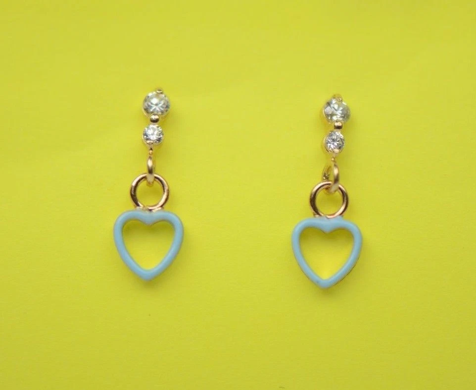 14K Solid Yellow Gold Heart Shape Dangle Earring with Enamel