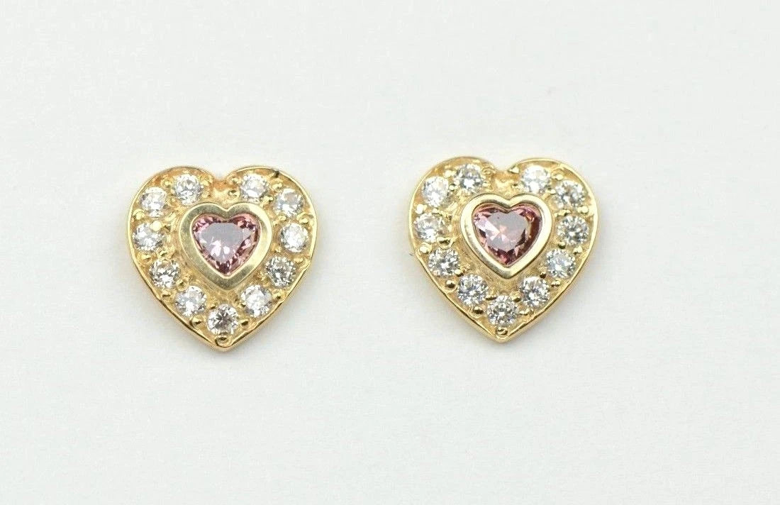 14K Yellow Gold Birthstone Heart with CZ Stud Earrings Screw Back