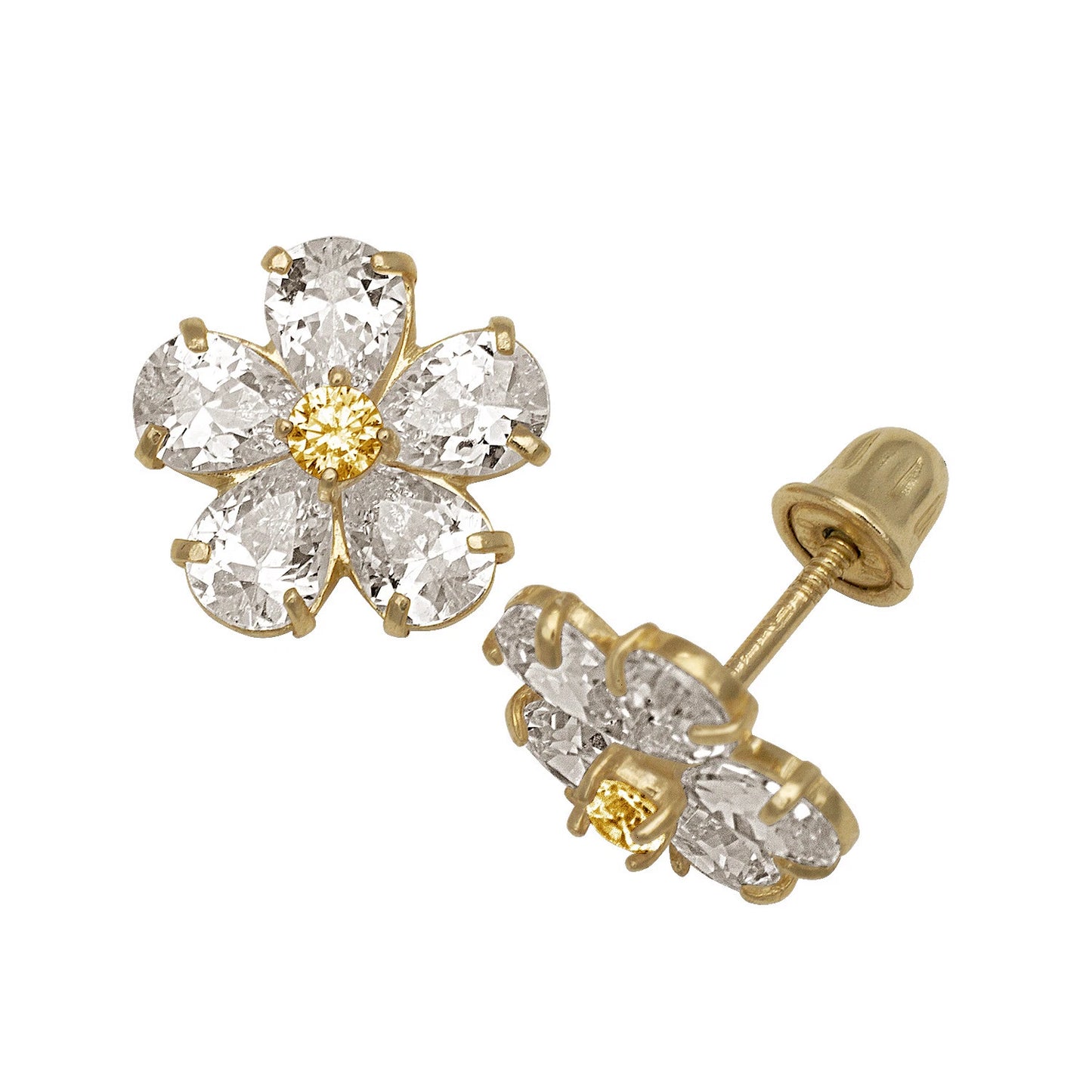 14k Yellow & White Gold CZ Flower Birthstone Stud Screw Back Earrings for Women