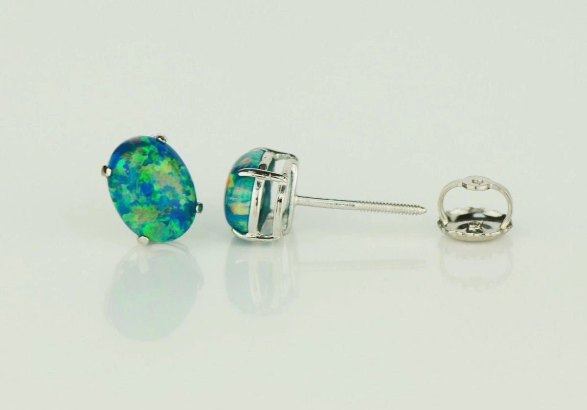 14k Yellow & White Gold Oval Opal Screw Back Stud Earrings for Earrings