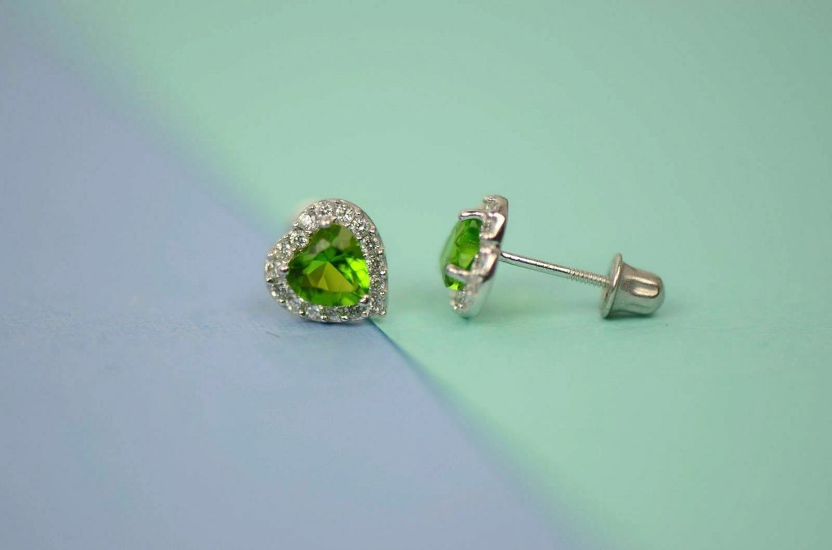 14K White Gold Halo Heart CZ Stud Earrings Screw Back