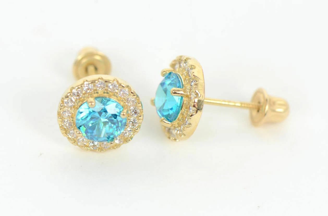 14K Yellow Gold Halo Stud Screw Back Earrings