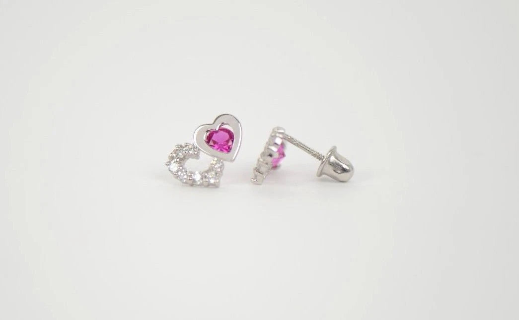 14K White Gold Double Heart Earrings