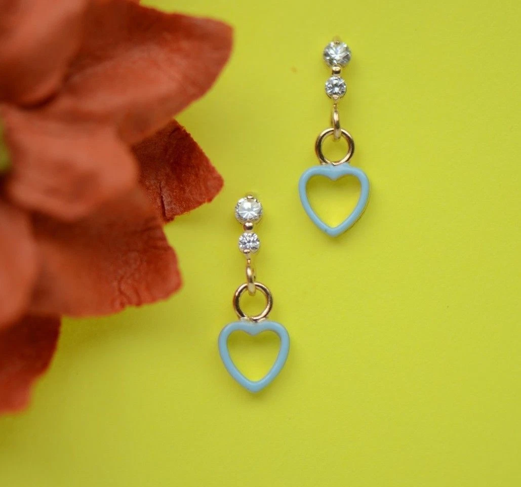 14K Solid Yellow Gold Heart Shape Dangle Earring with Enamel