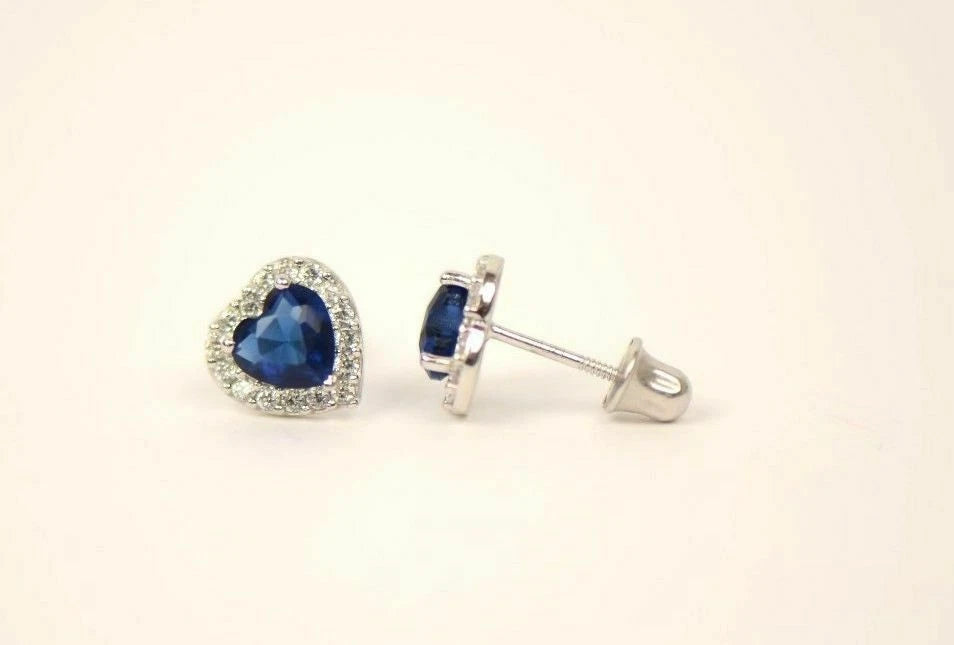 14K White Gold Halo Heart CZ Stud Earrings Screw Back