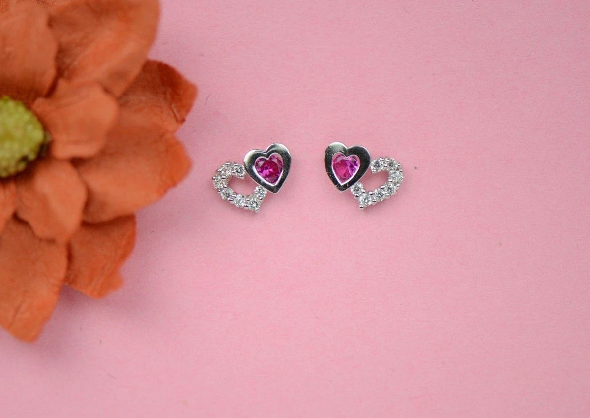 14K White Gold Double Heart Earrings