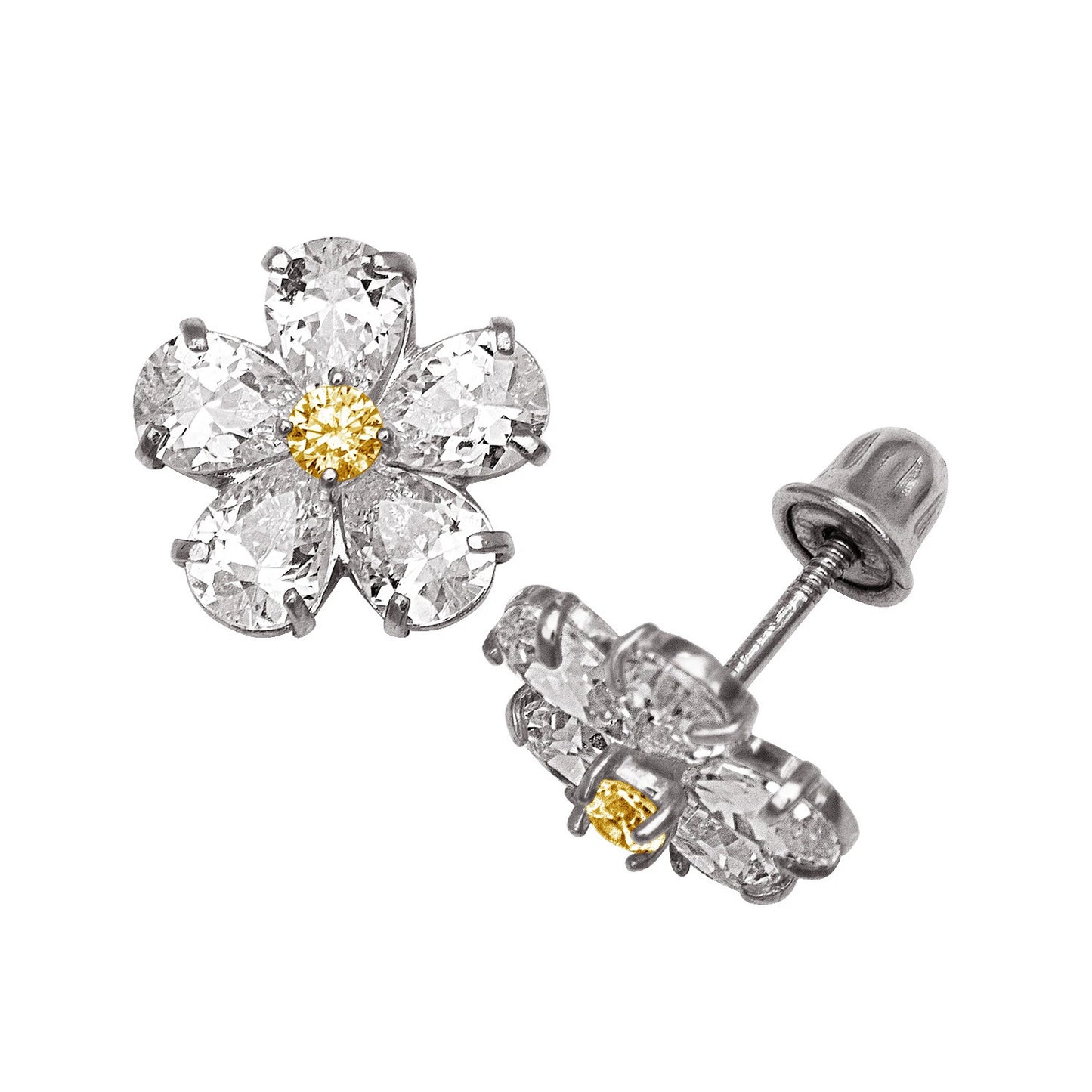 14k Yellow & White Gold CZ Flower Birthstone Stud Screw Back Earrings for Women