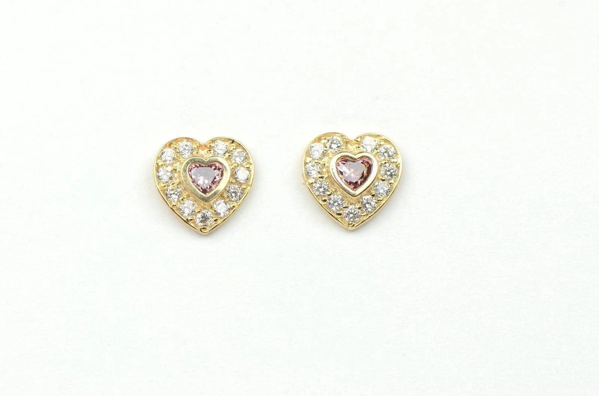 14K Yellow Gold Birthstone Heart with CZ Stud Earrings Screw Back