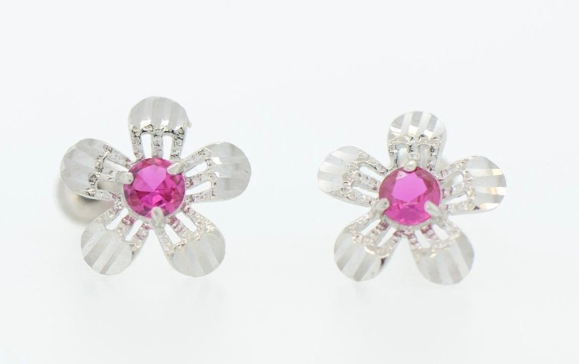 14k White Gold Flower Stud CZ Earrings