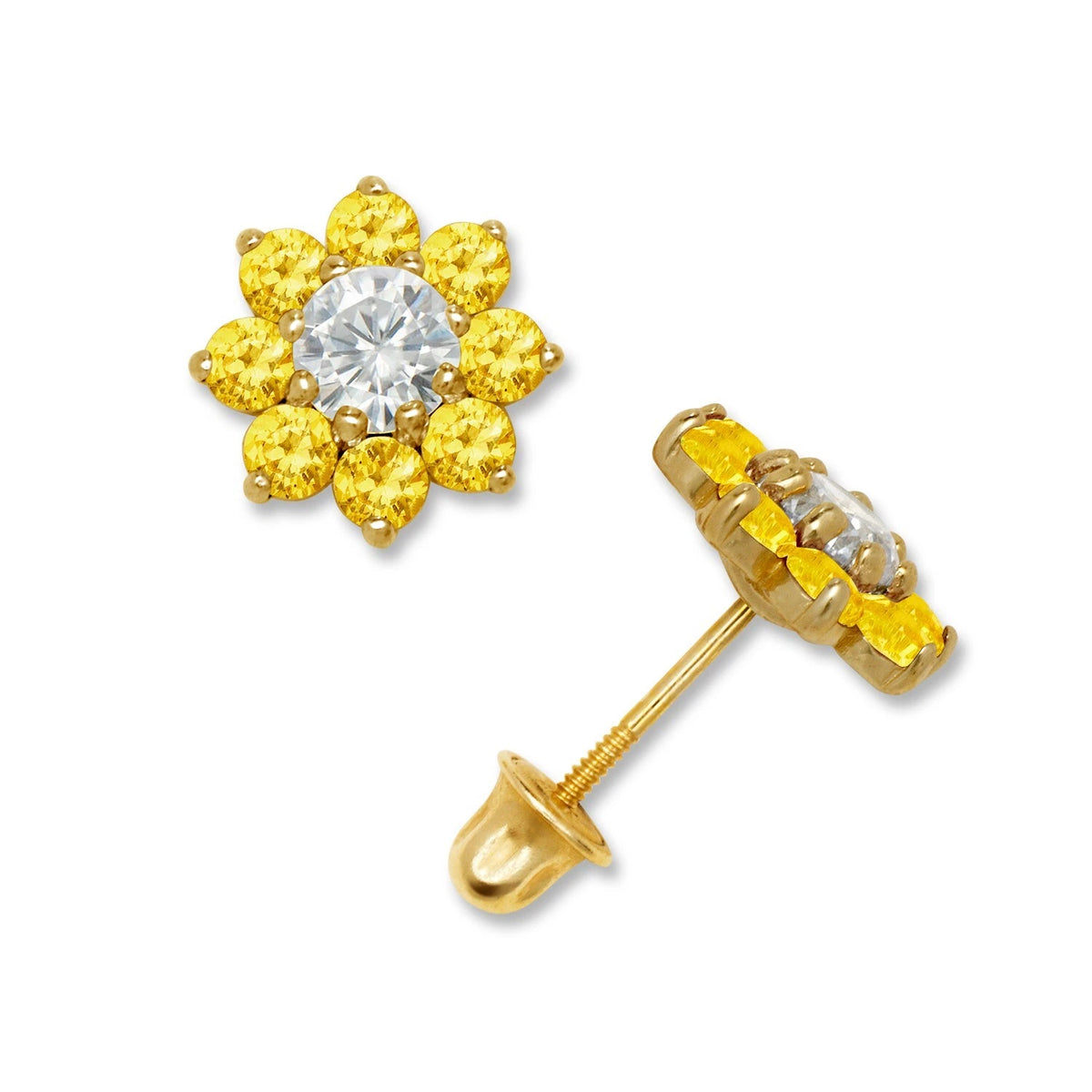14K Yellow & White Gold Large Beautiful CZ Flower Stud Earrings for Women