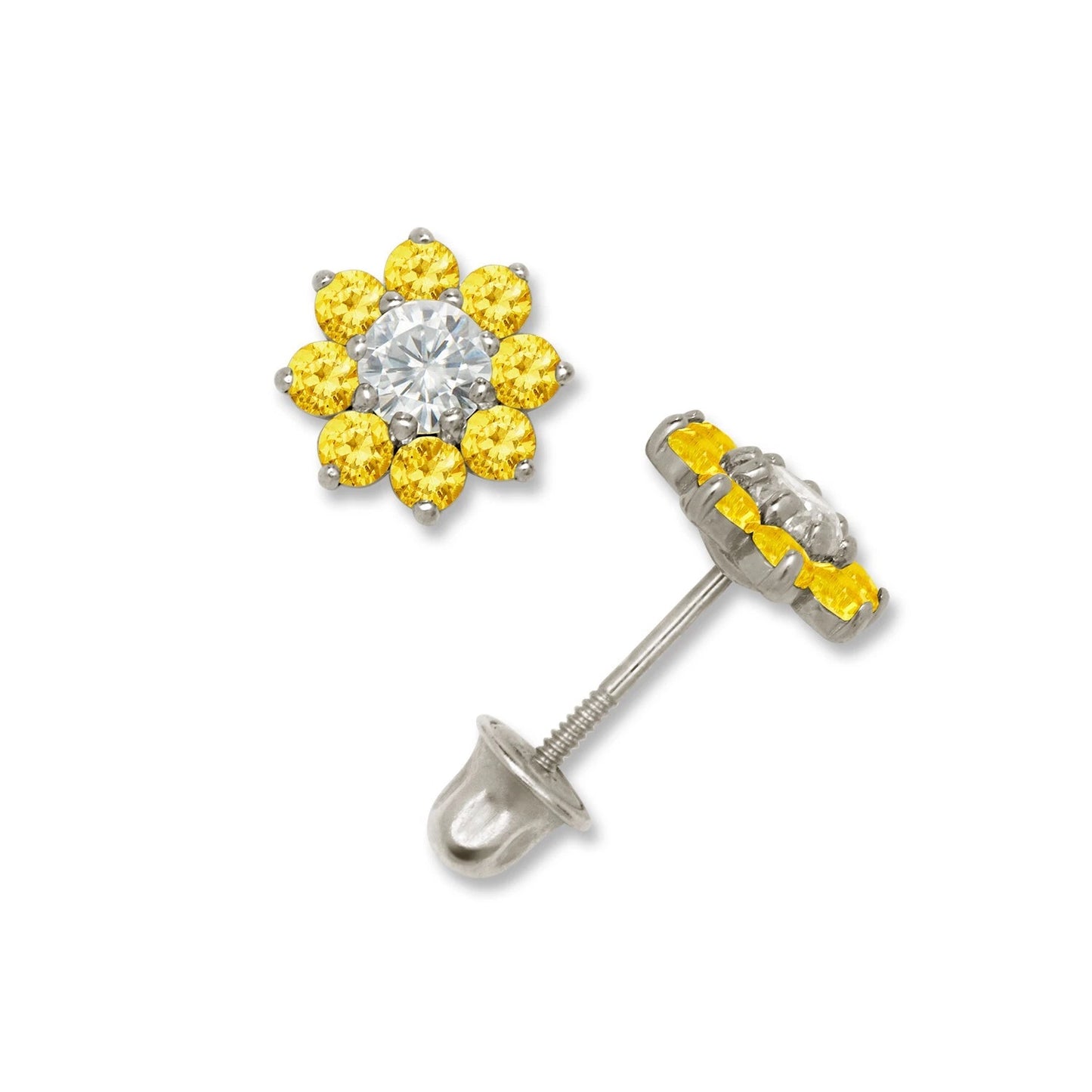 14K Yellow & White Gold Small Beautiful CZ Flower Stud Earrings for Girls